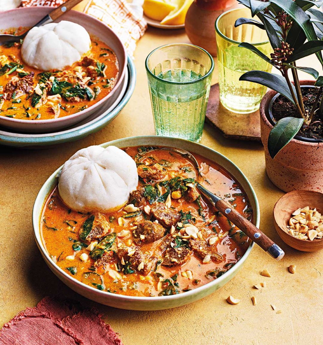 Groundnut beef stew with ground rice balls 
