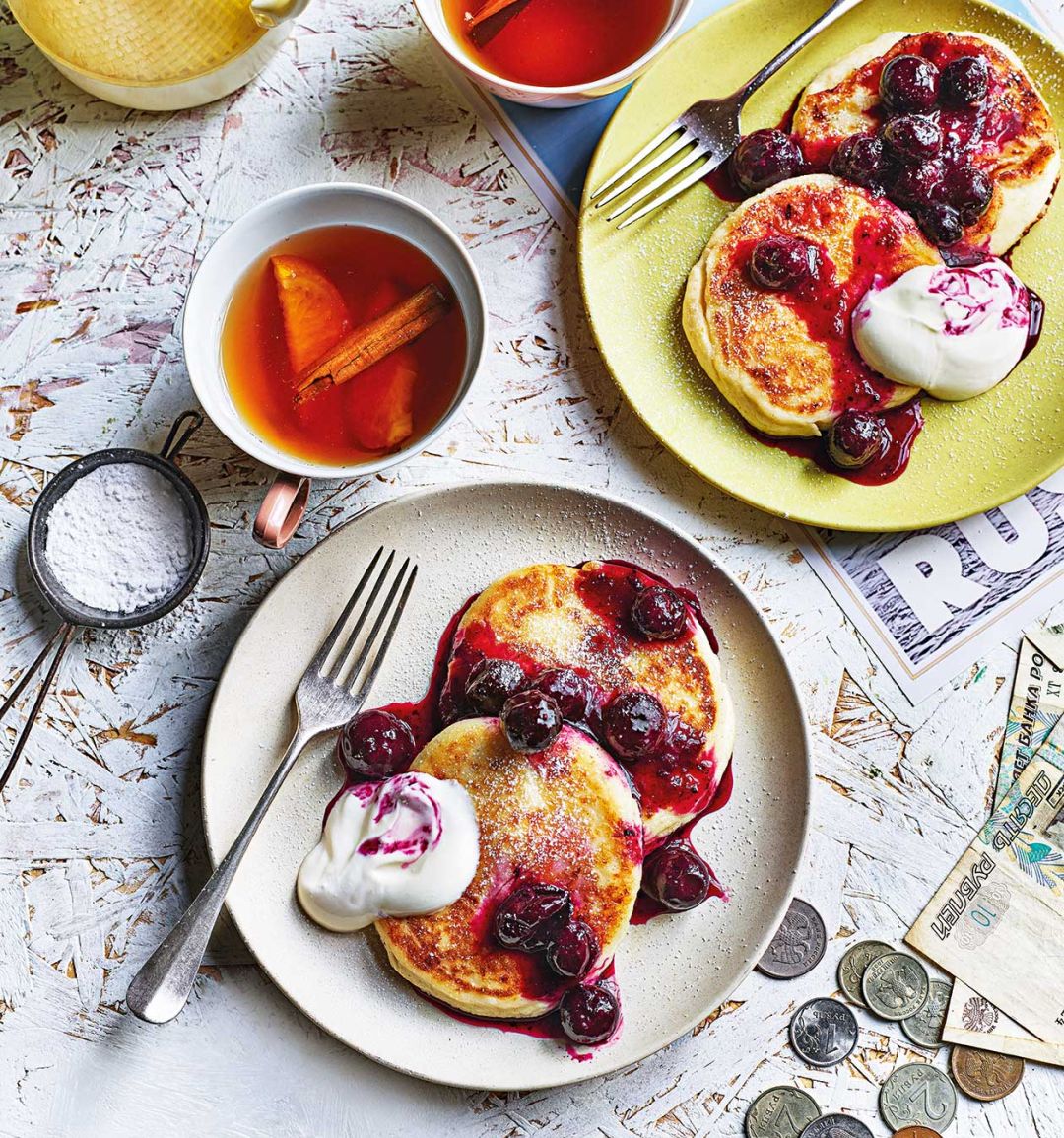 Syrniki with jam and soured cream