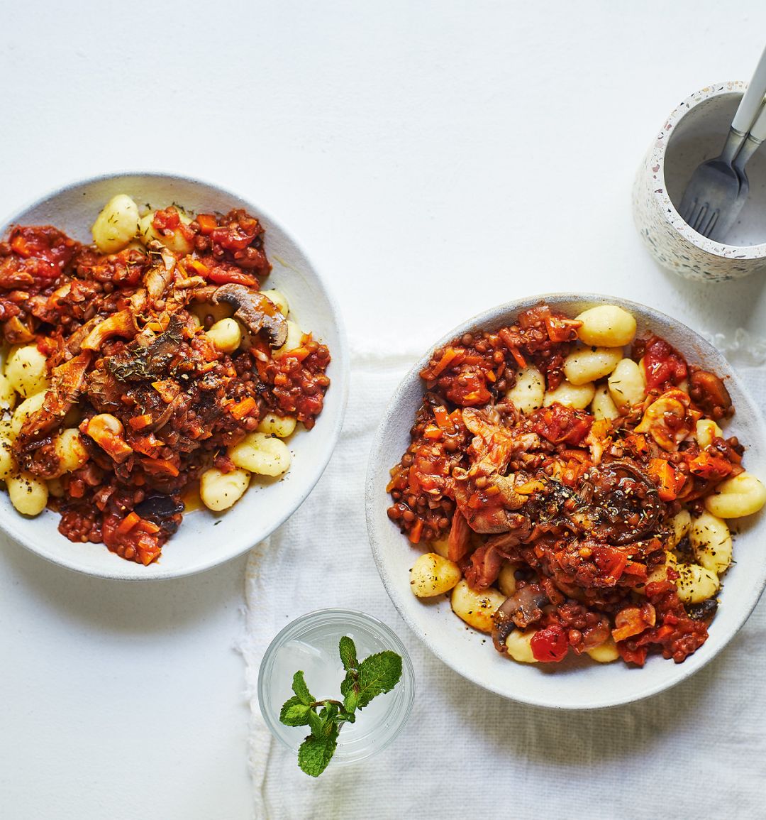 Gnocchi with mushroom-lentil ragù