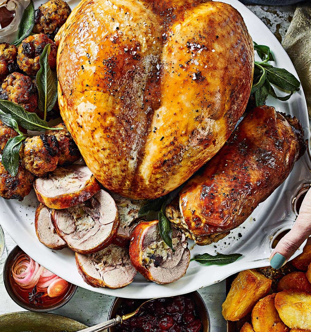 Easy-carve roast turkey with chestnut stuffing