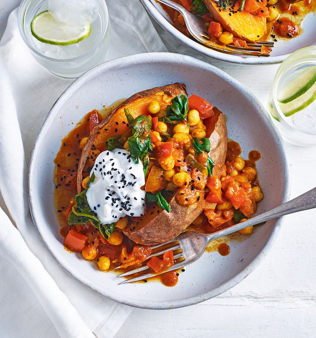 Chickpea masala stuffed sweet potatoes