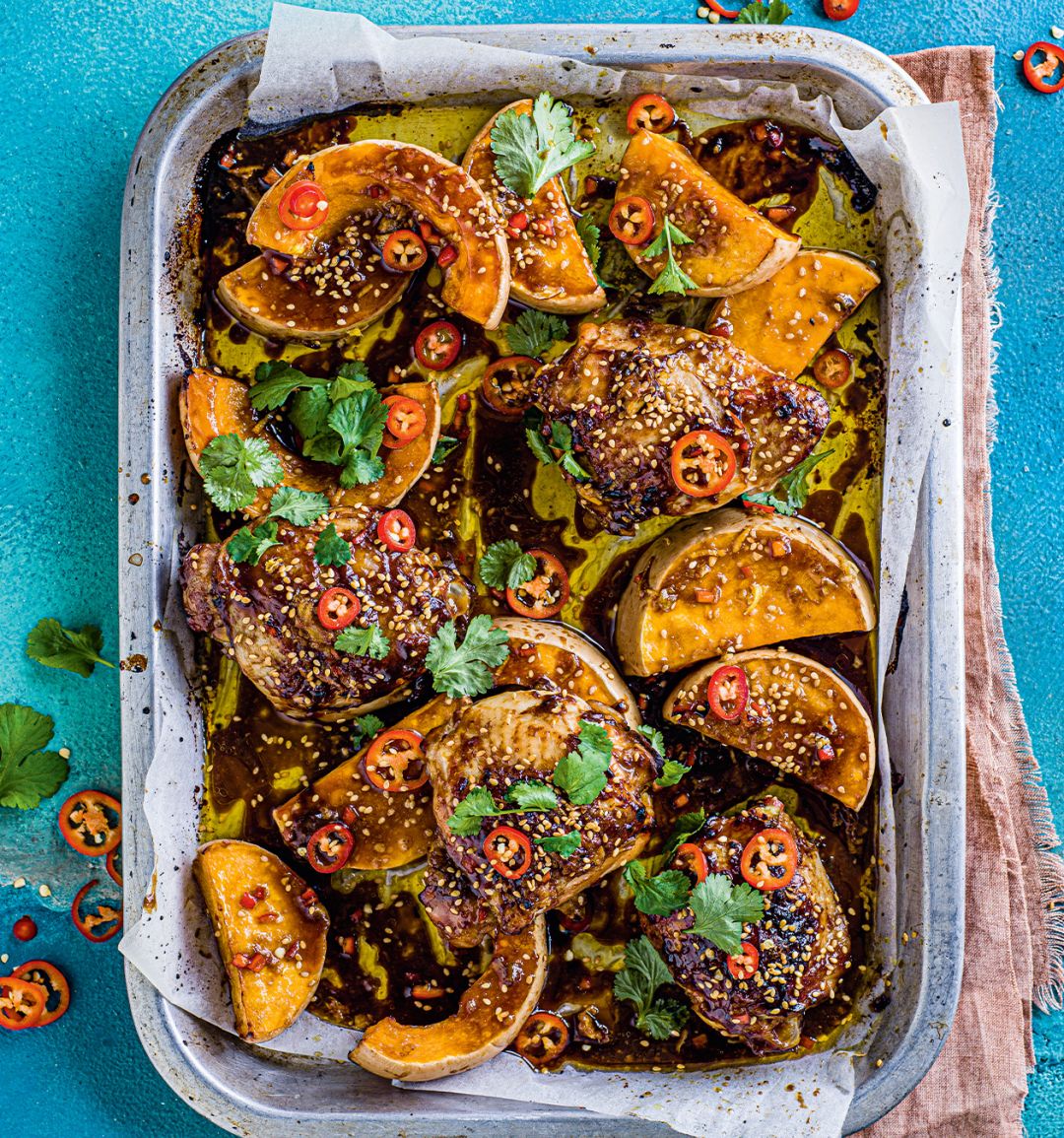 Honey-miso chicken squash traybake