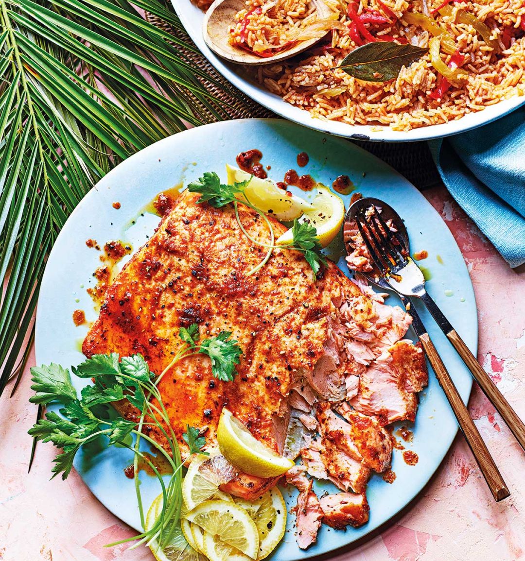 Cajun butter salmon and red pepper rice