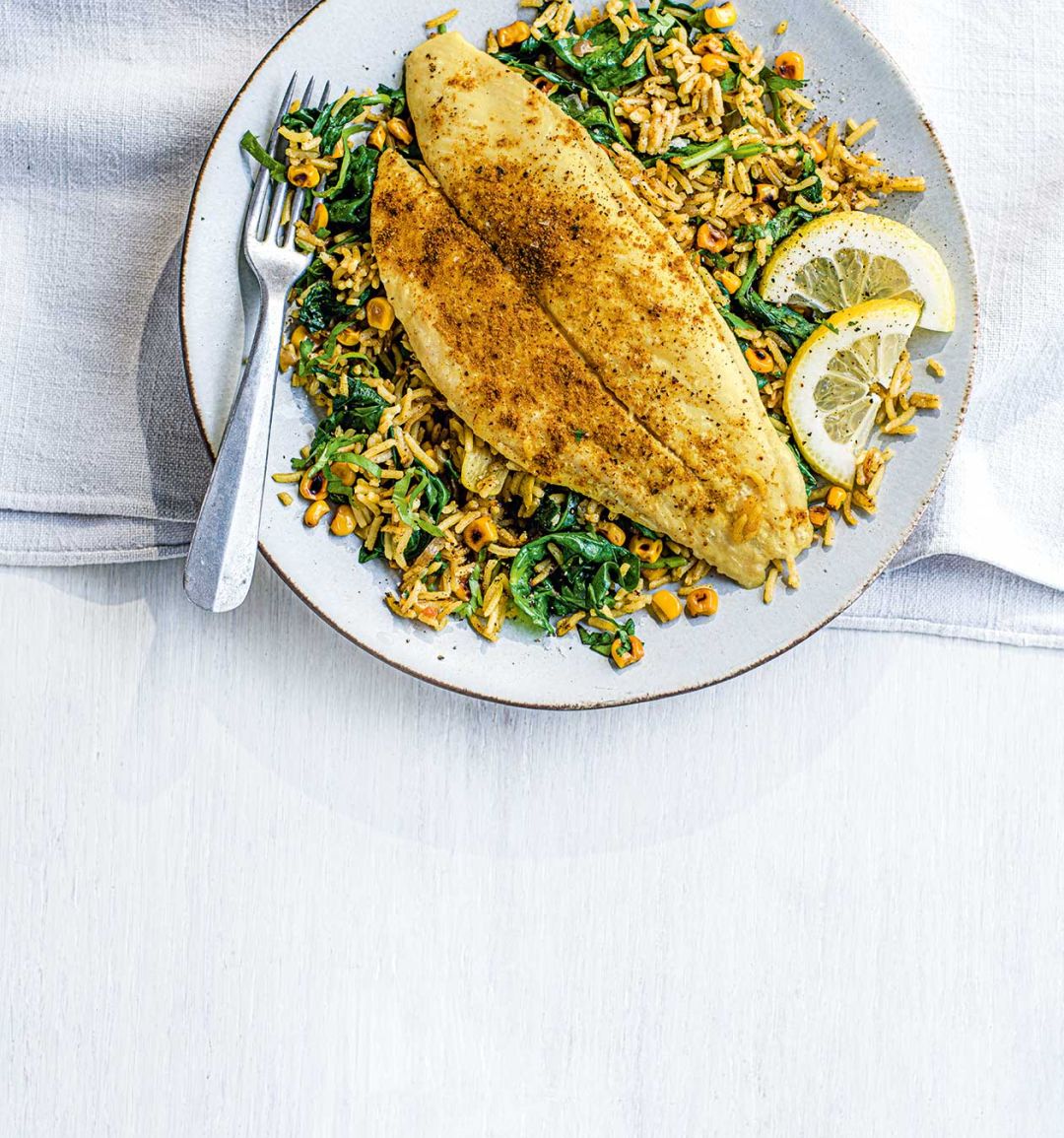 Smoked basa with sweetcorn pilau