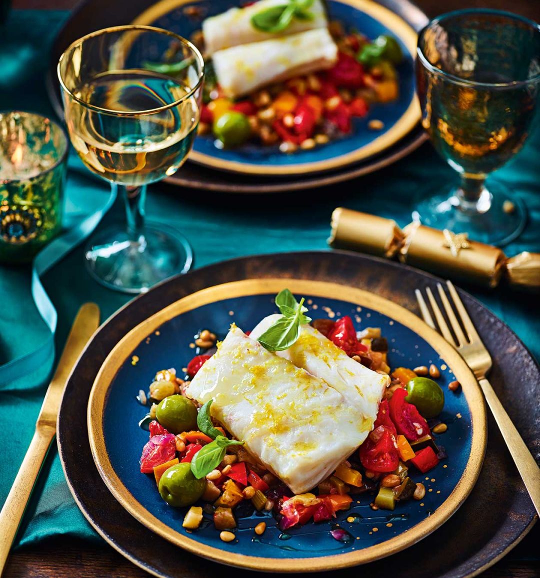 Cod en papillote with caponata