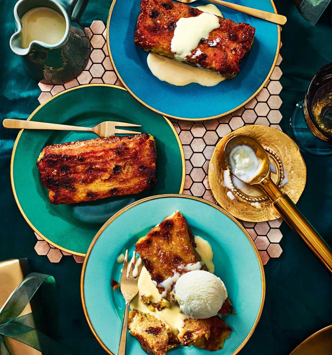 Panettone bread and butter pudding with orange and bay custard