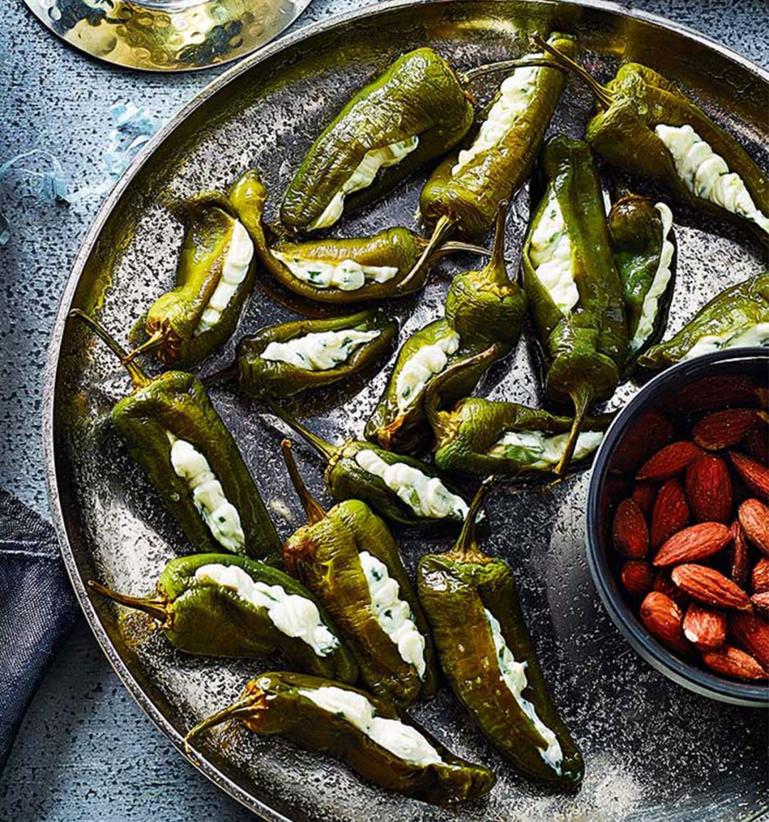 Creamy chive and onion-filled Padrón peppers