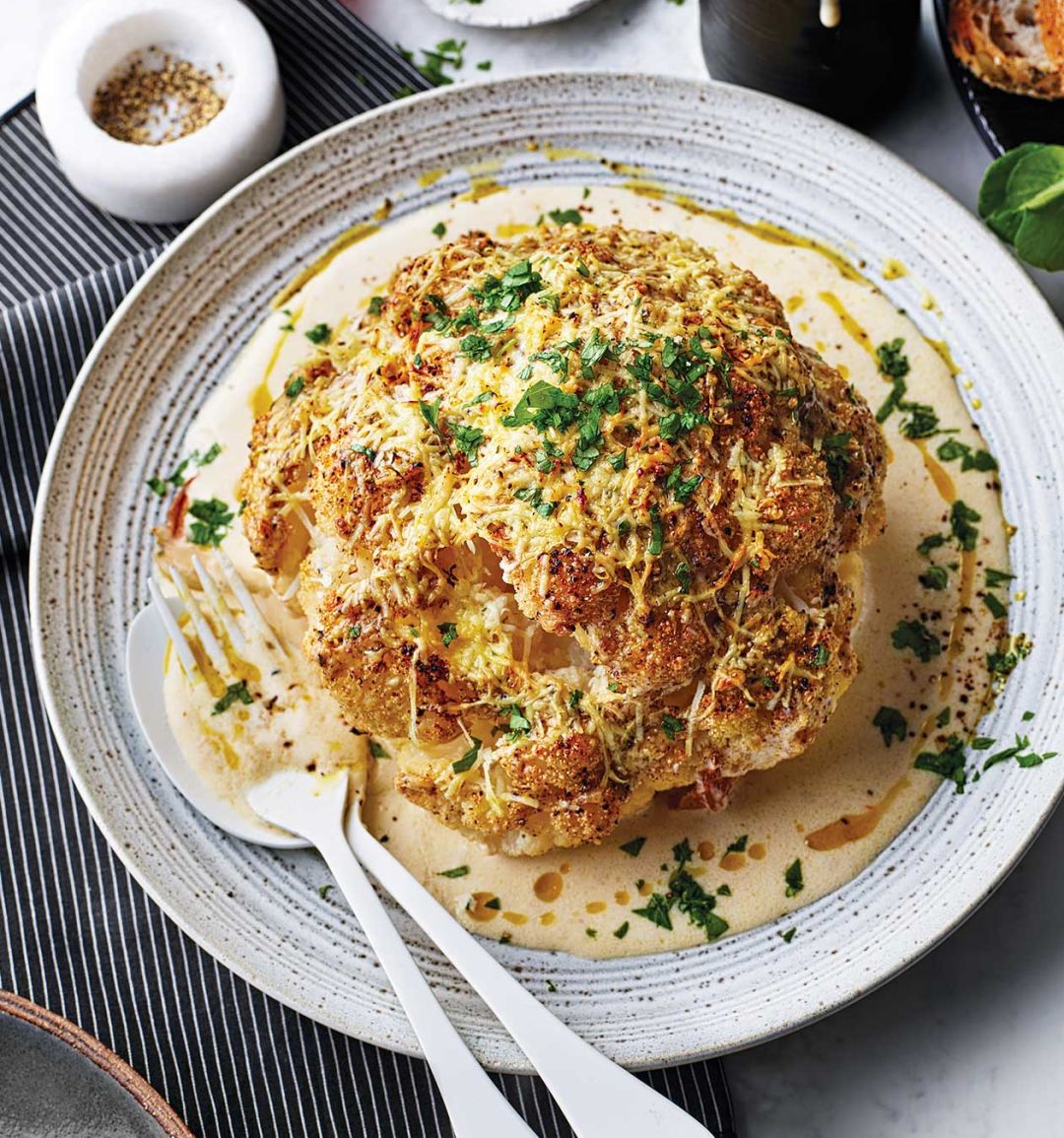 Whole roast cacio e pepe cauliflower