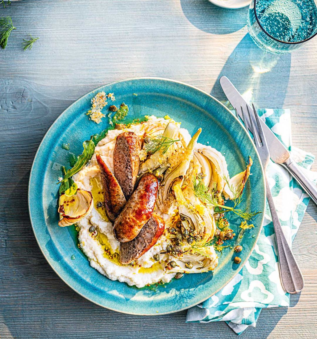 Summer sausage and bean mash with cheesy fennel