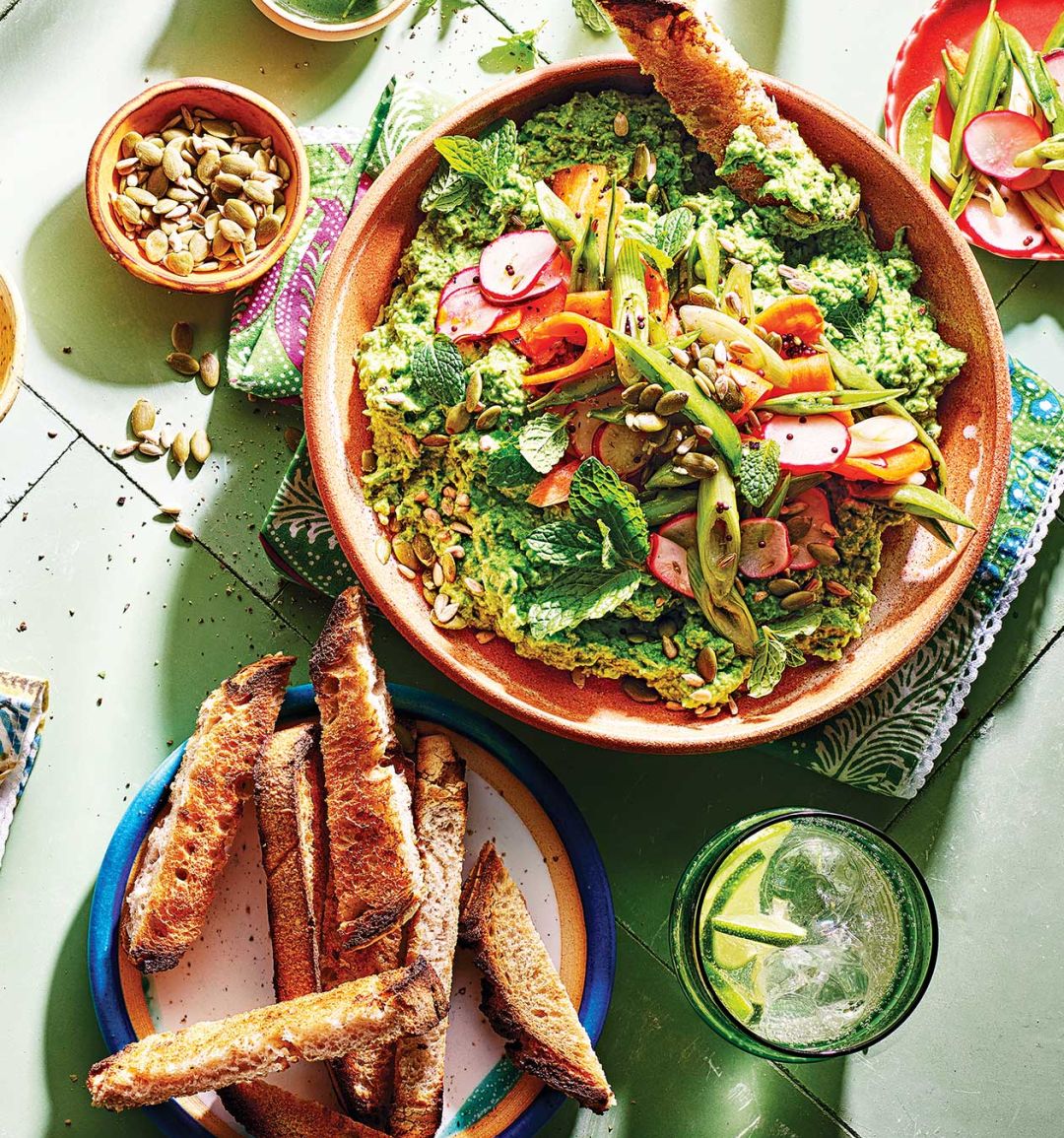 Pea and pickled veg dip with sourdough soldiers