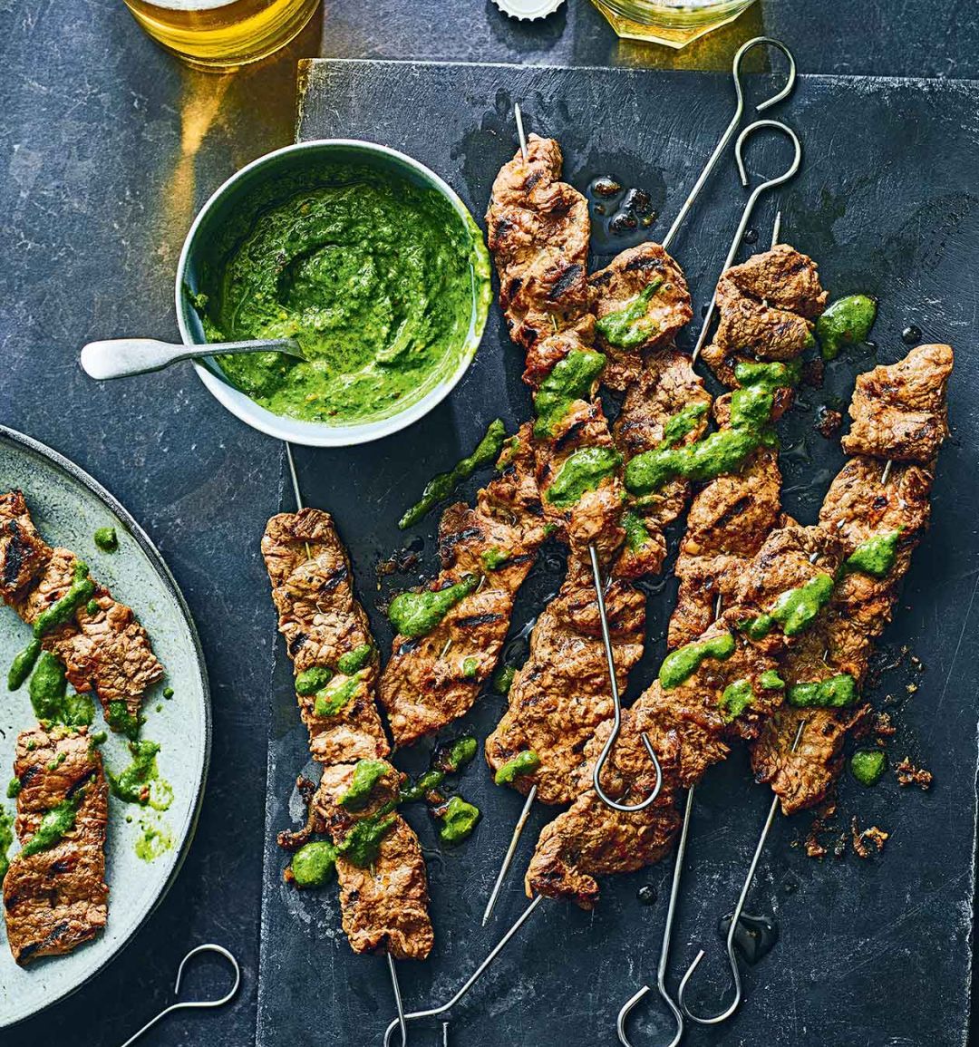 Super-quick-cook steak skewers with chimichurri