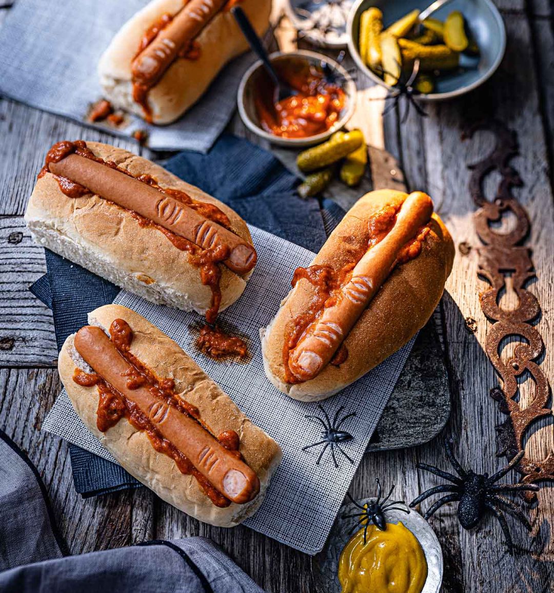 Halloween hot dogs with smoky tomato sauce