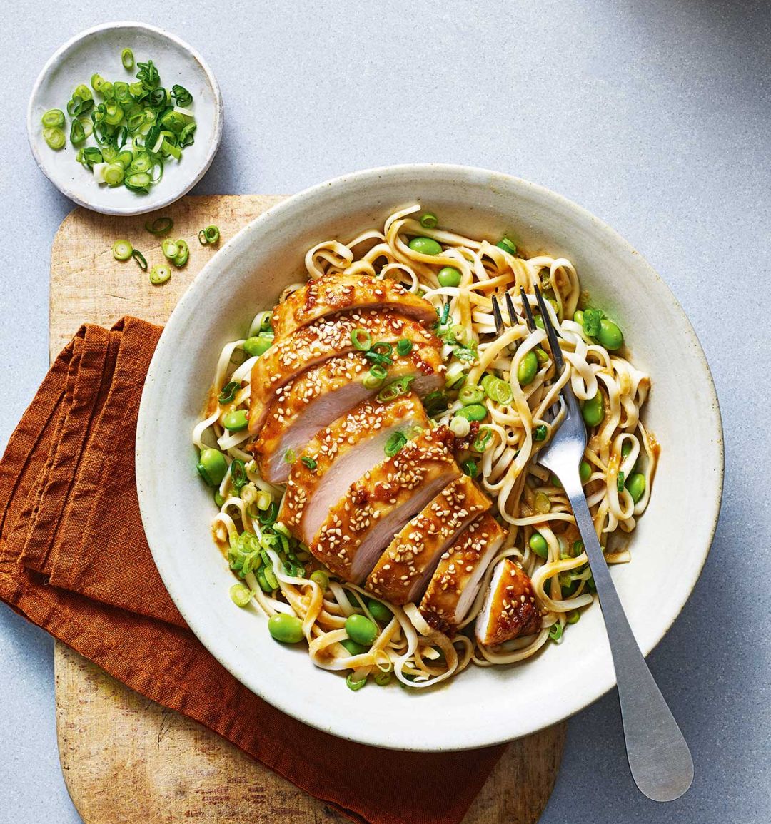 Tahini-soy chicken with edamame noodles