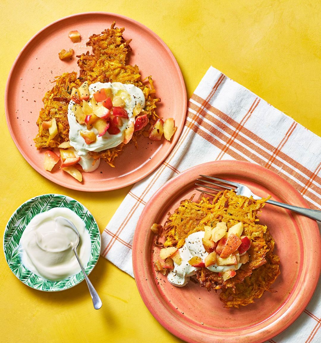 Sweet potato latkes with honey butter apples and soured cream