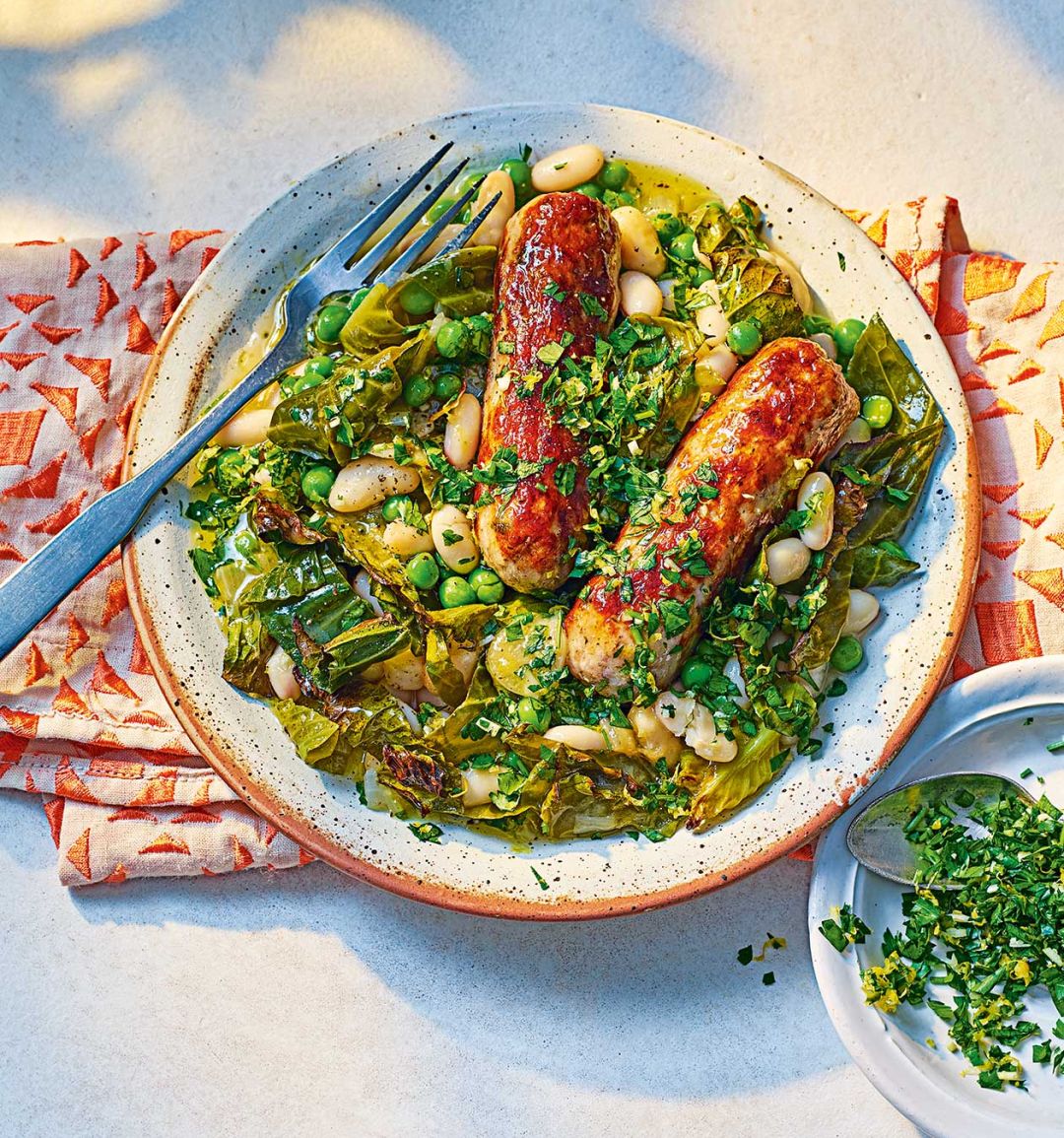 Speedy spring greens and sausage cassoulet