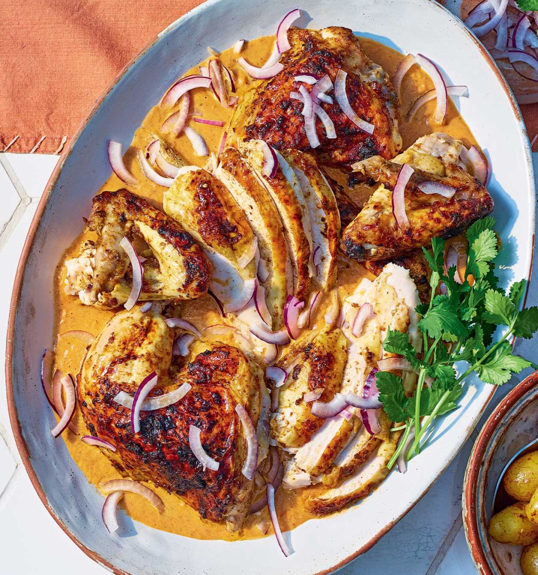 Curried spatchcock chicken and potatoes