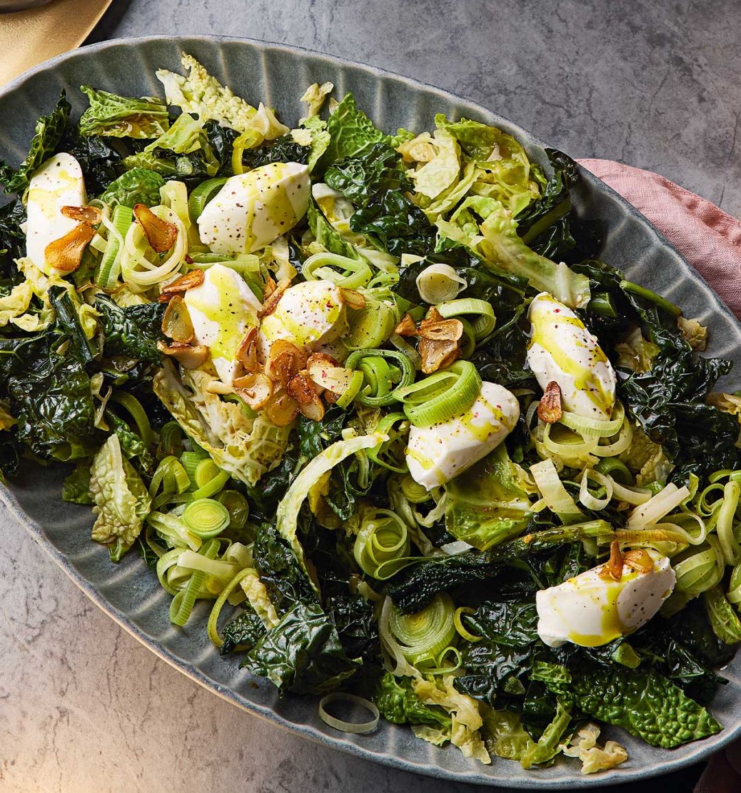 Winter greens medley with mascarpone and crispy garlic