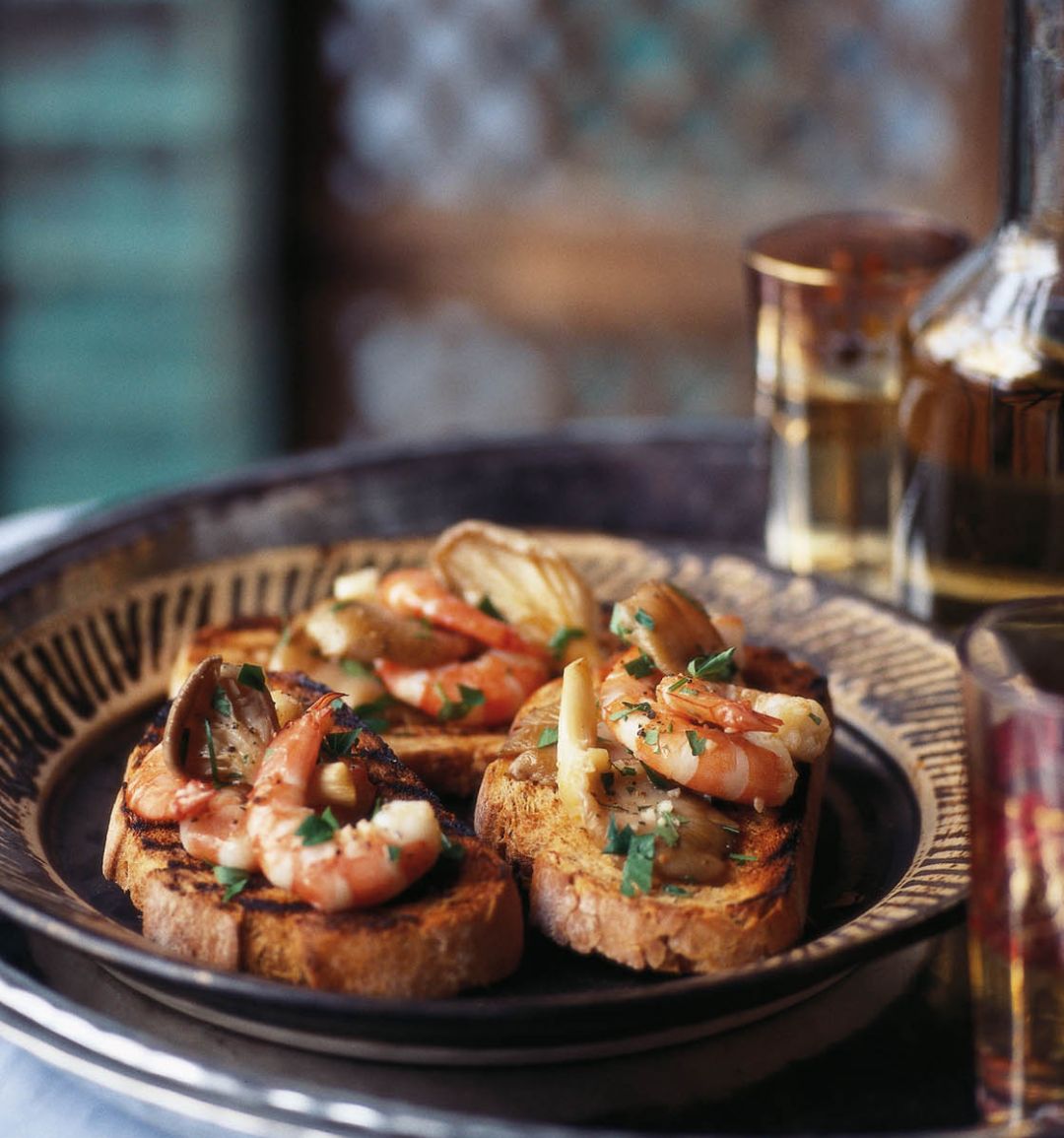 Oyster mushrooms and prawns on toast with fino sherry