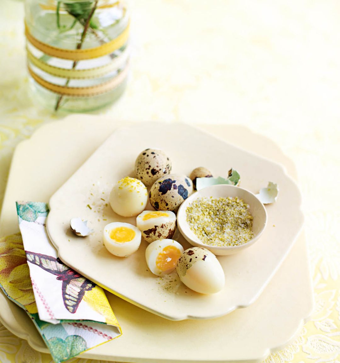 Quails’ eggs with homemade celery salt