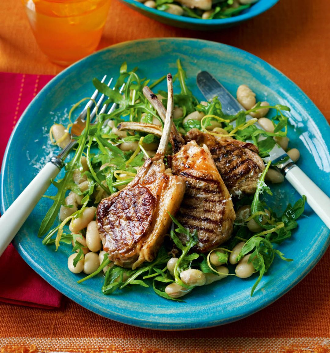 Lamb cutlets with cannellini beans and Parmesan dressing