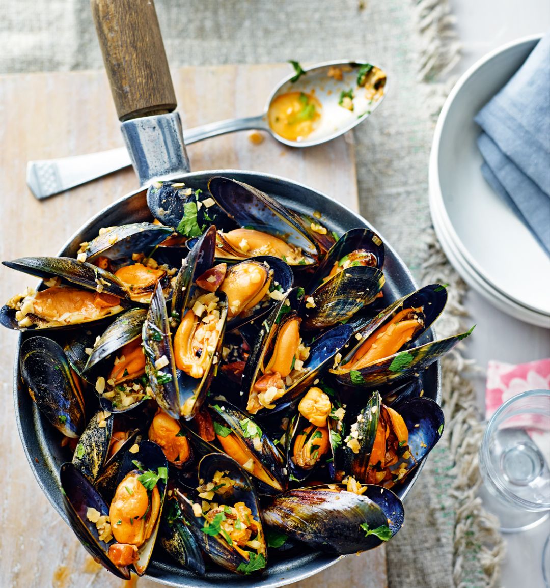 Mussels with chorizo, almonds and parsley