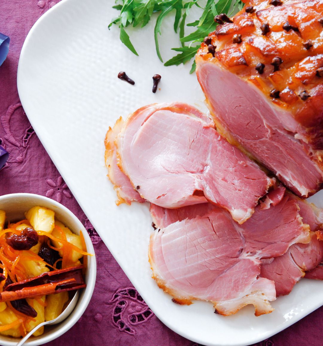Glazed gammon with spiced pineapple and orange relish 
