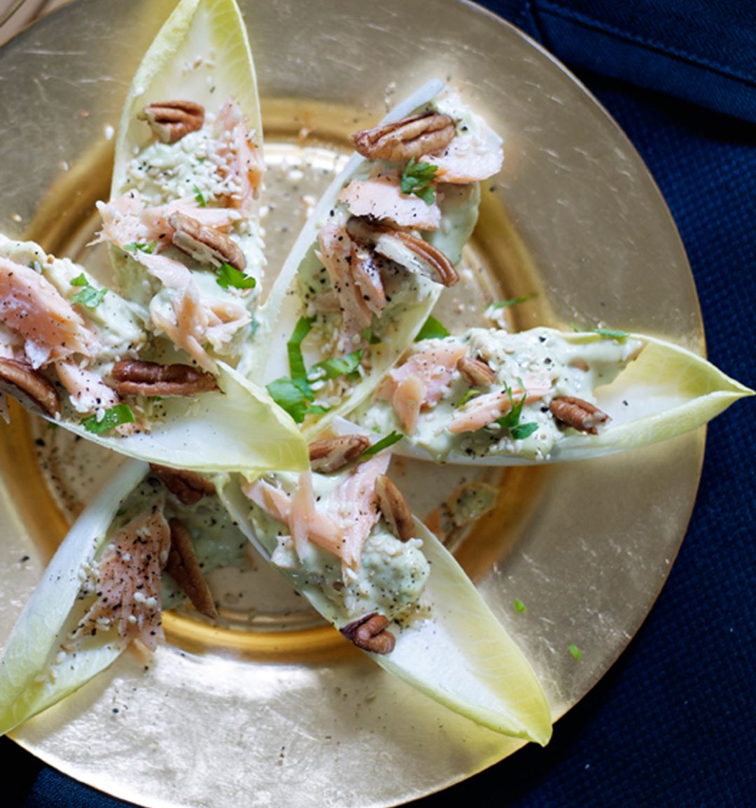 Chicory with hot-smoked fish and avocado with wasabi mayonnaise