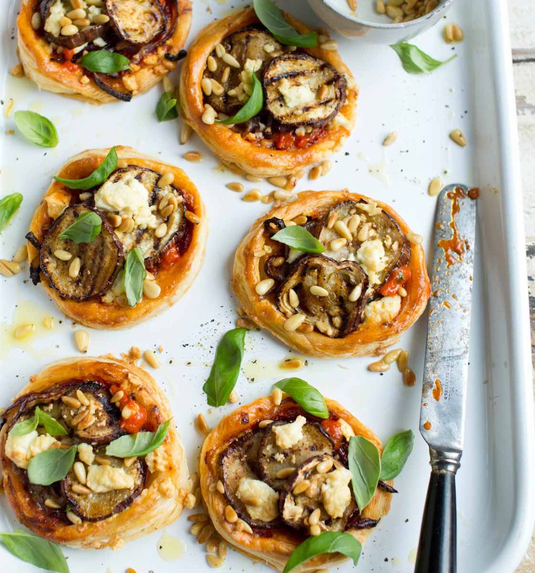 Caramelised onion, aubergine and feta tarts