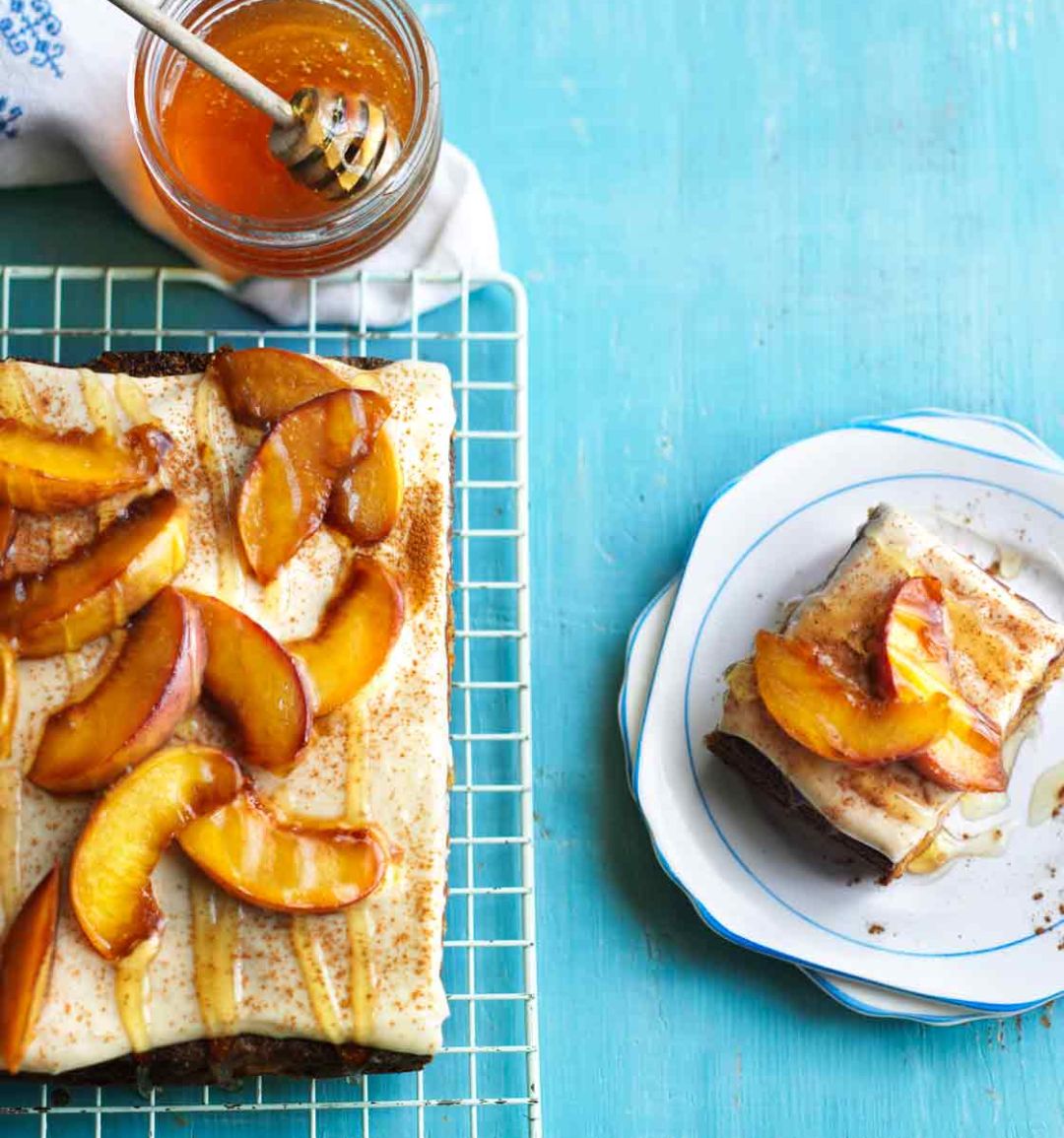 Honey & peach cake with honey crème fraîche icing