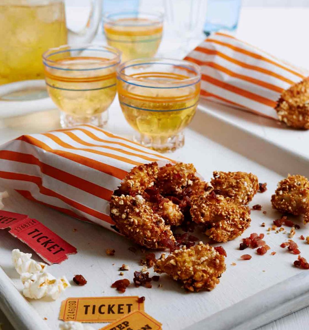 Popcorn crusted chicken with bacon crumbs 