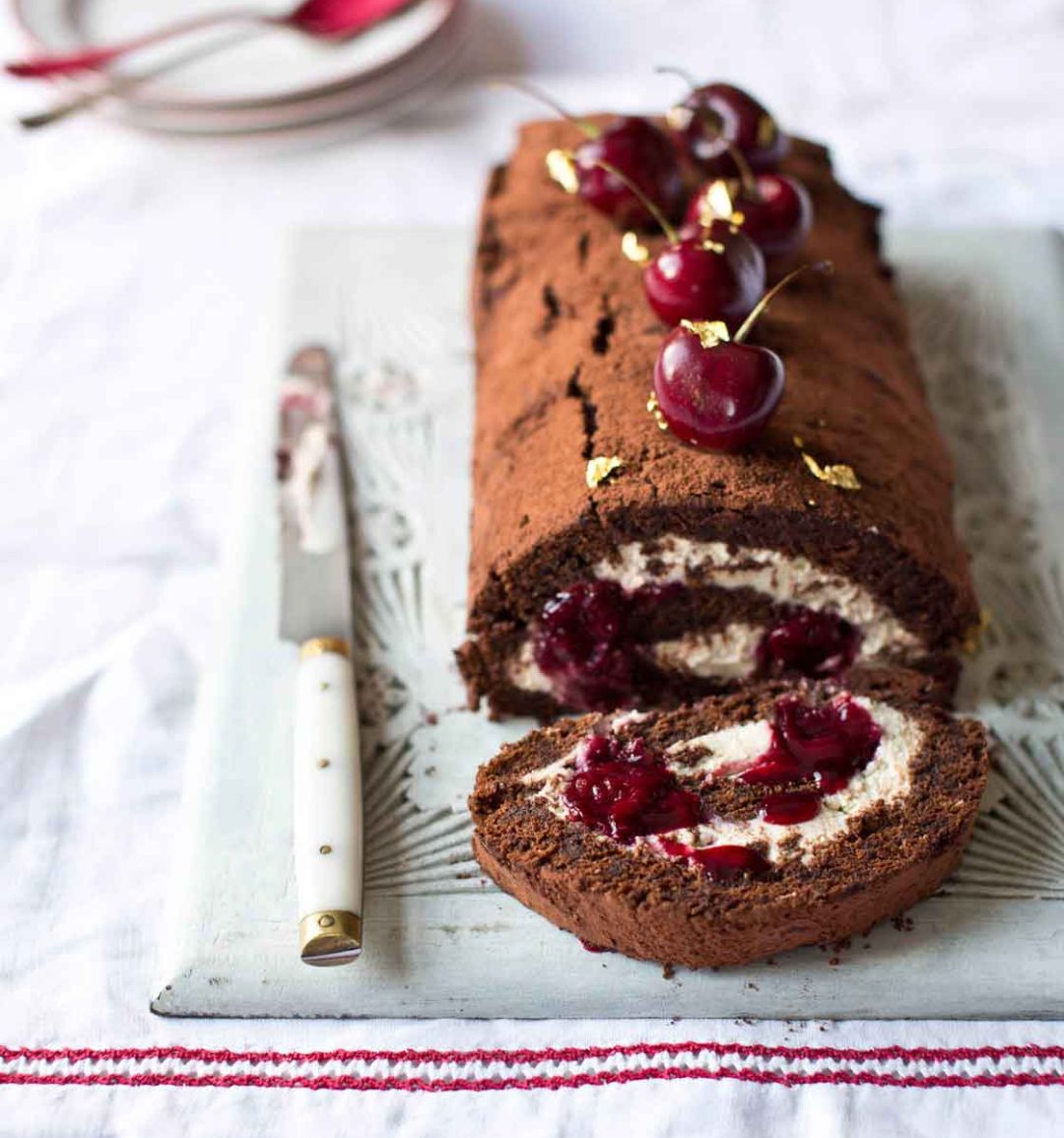 Chocolate roulade with chestnut and morello cherry cream 
