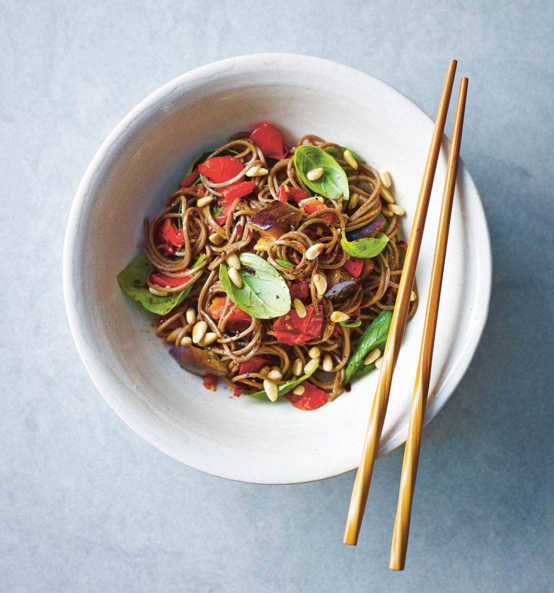 Basil, tomato and aubergine soba noodles 