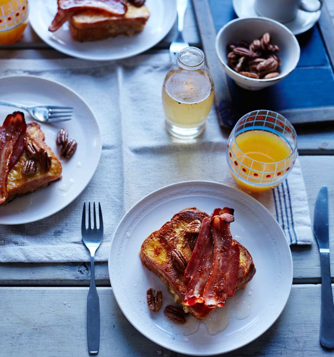 Banana and pecan French toast with bacon and vanilla syrup