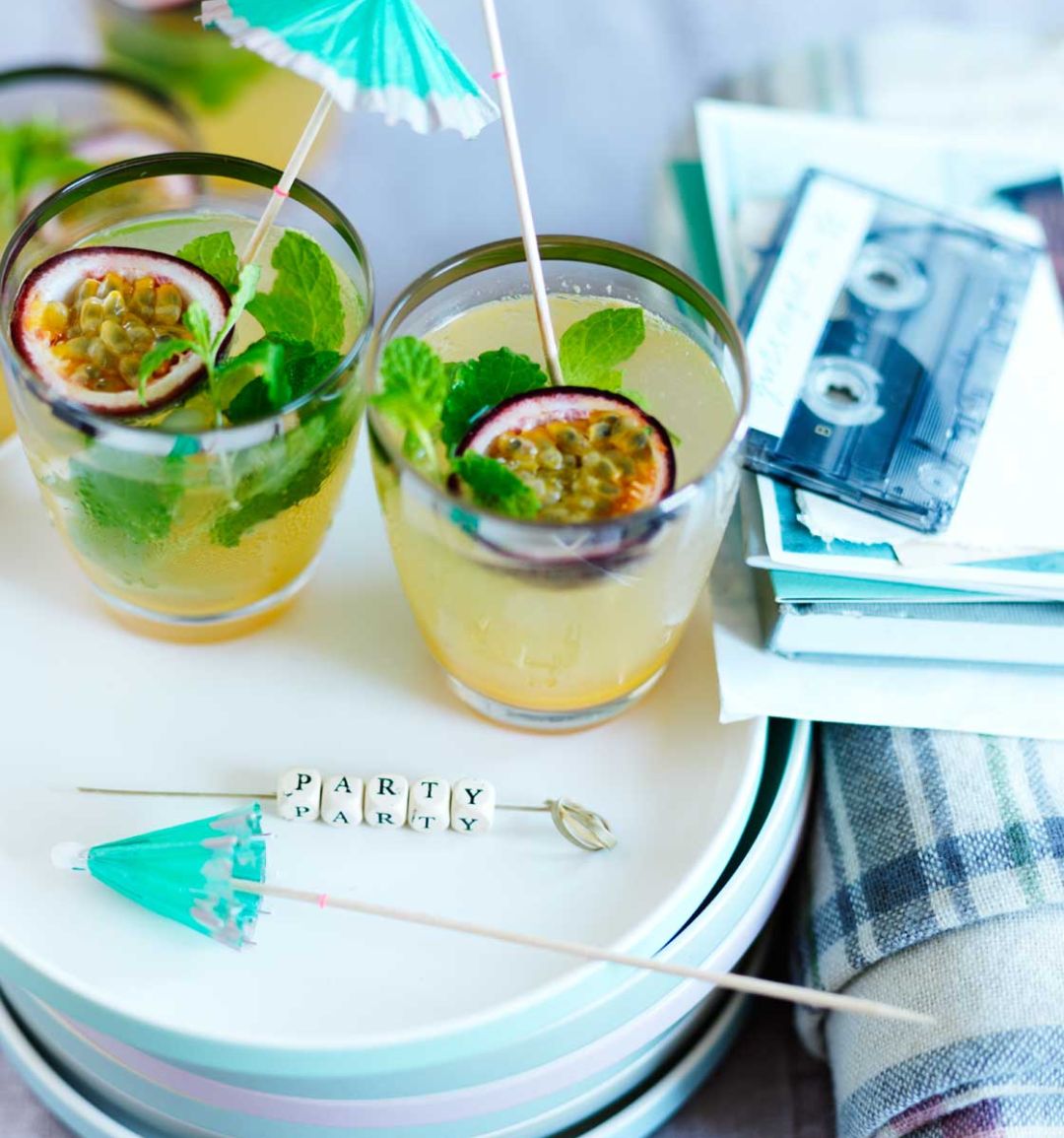 Passion fruit, mint and lime rum cocktails