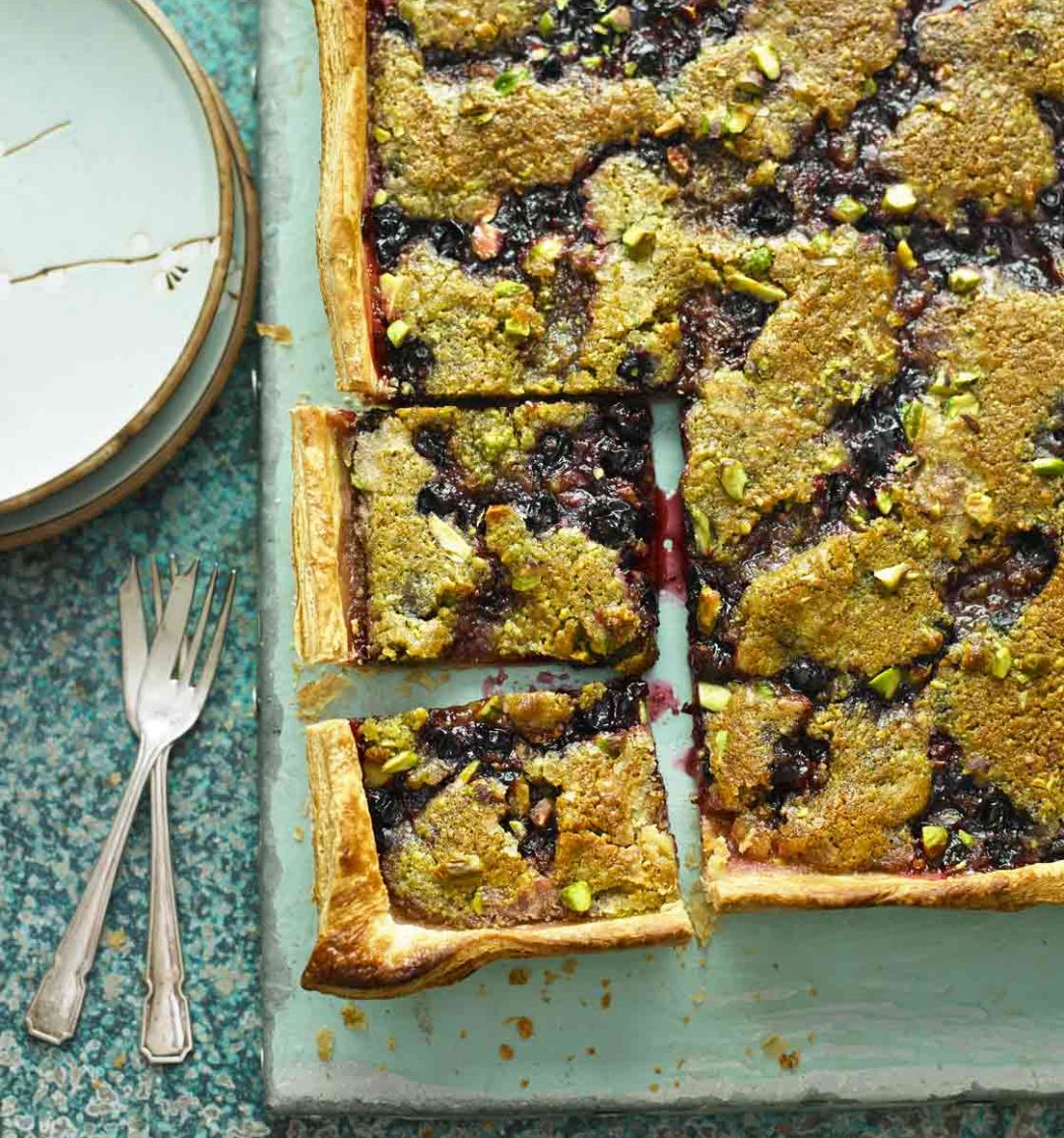 Blackcurrant and pistachio tart