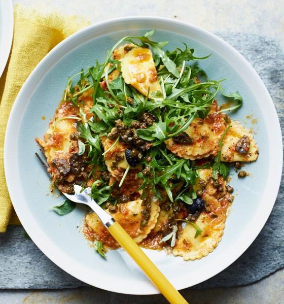 Puttanesca pasta with rocket