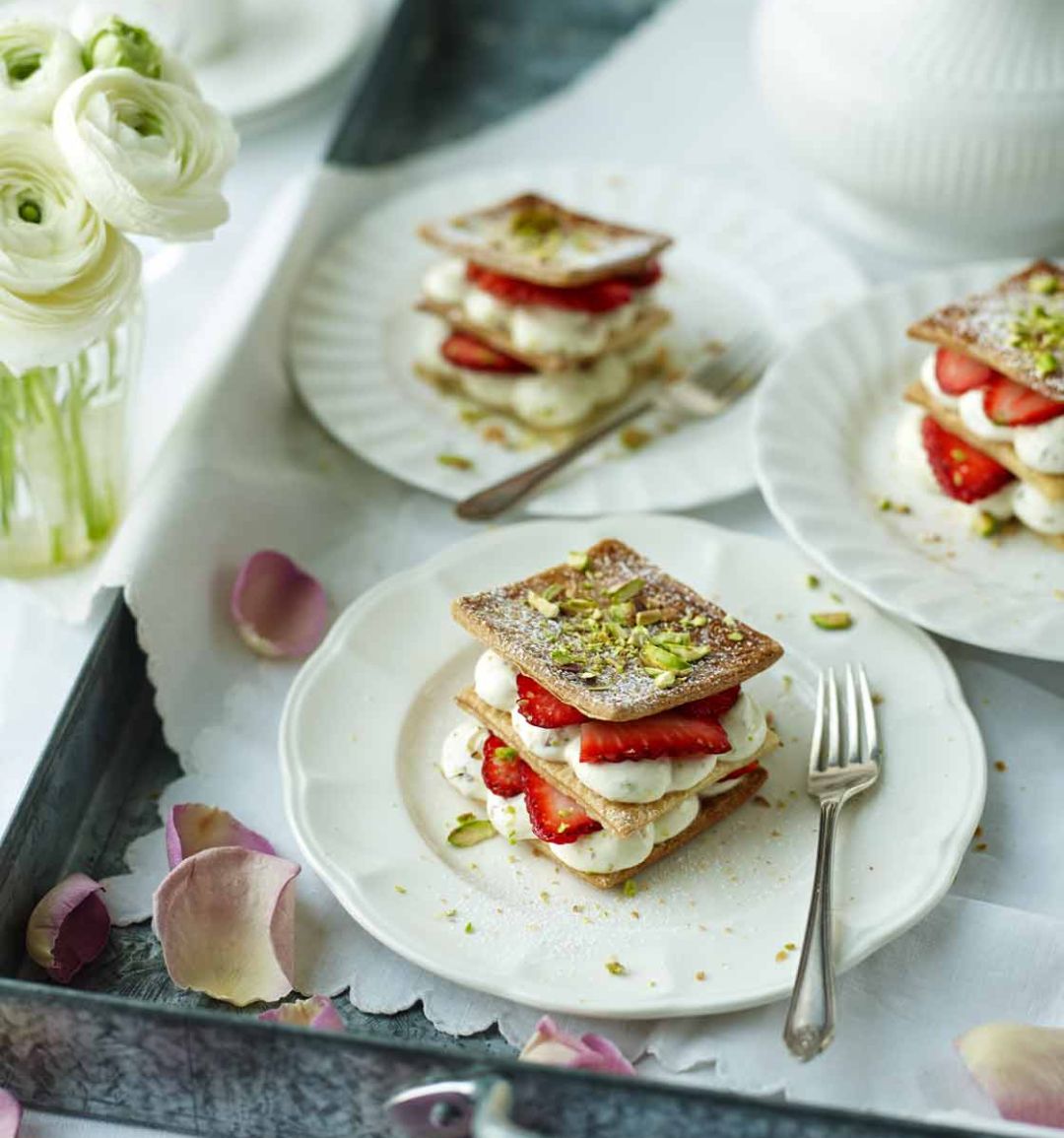 Rose and pistachio strawberry millefeuille