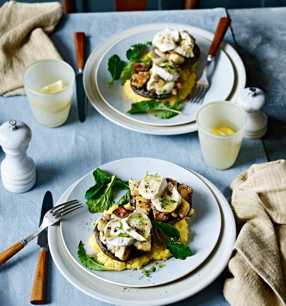 Stuffed mushrooms with goats’ cheese and creamy polenta