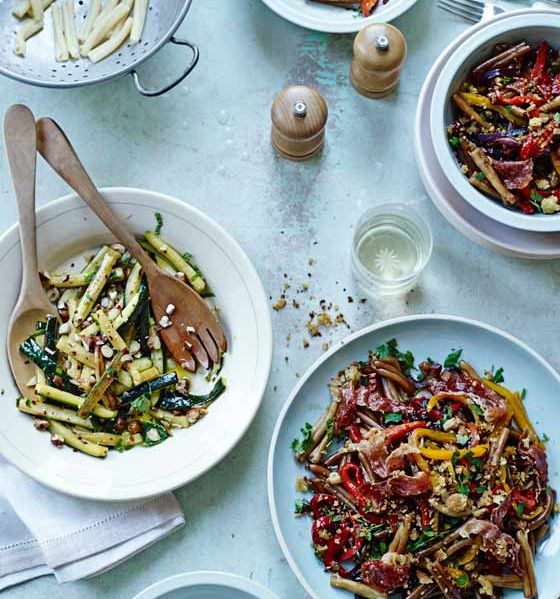 Pasta with Parma ham, agrodolce peppers and pangrattato