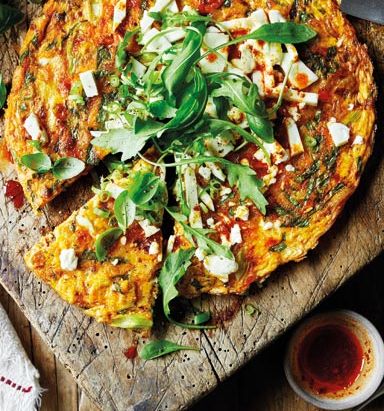 Harissa, basil and feta frittata