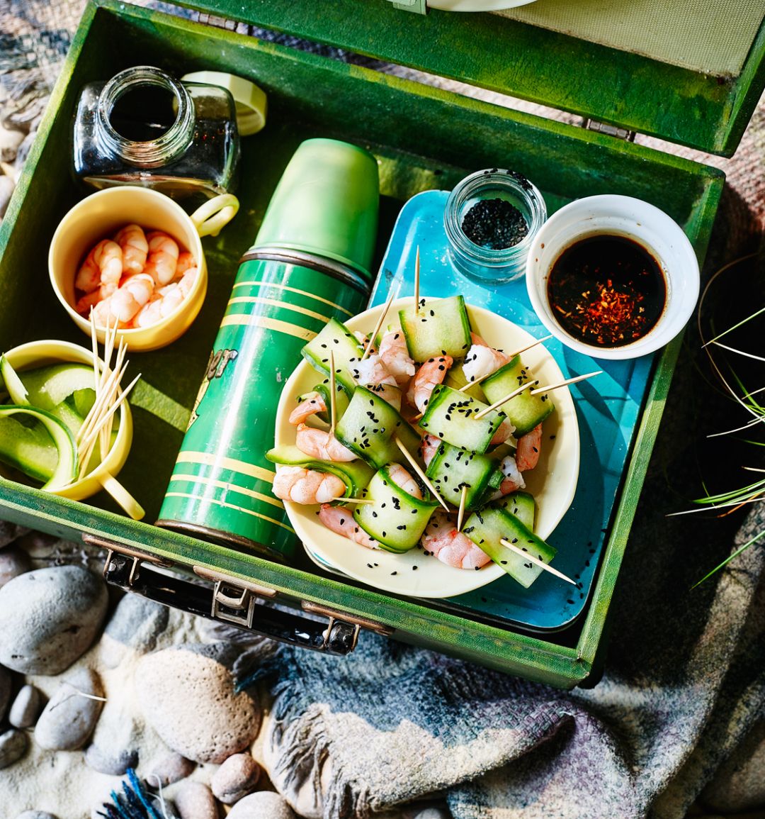 Prawns in cucumber ‘noodles’ with a Japanese dipping sauce