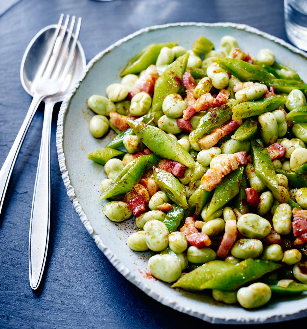 Smoky broad beans and runner beans with bacon