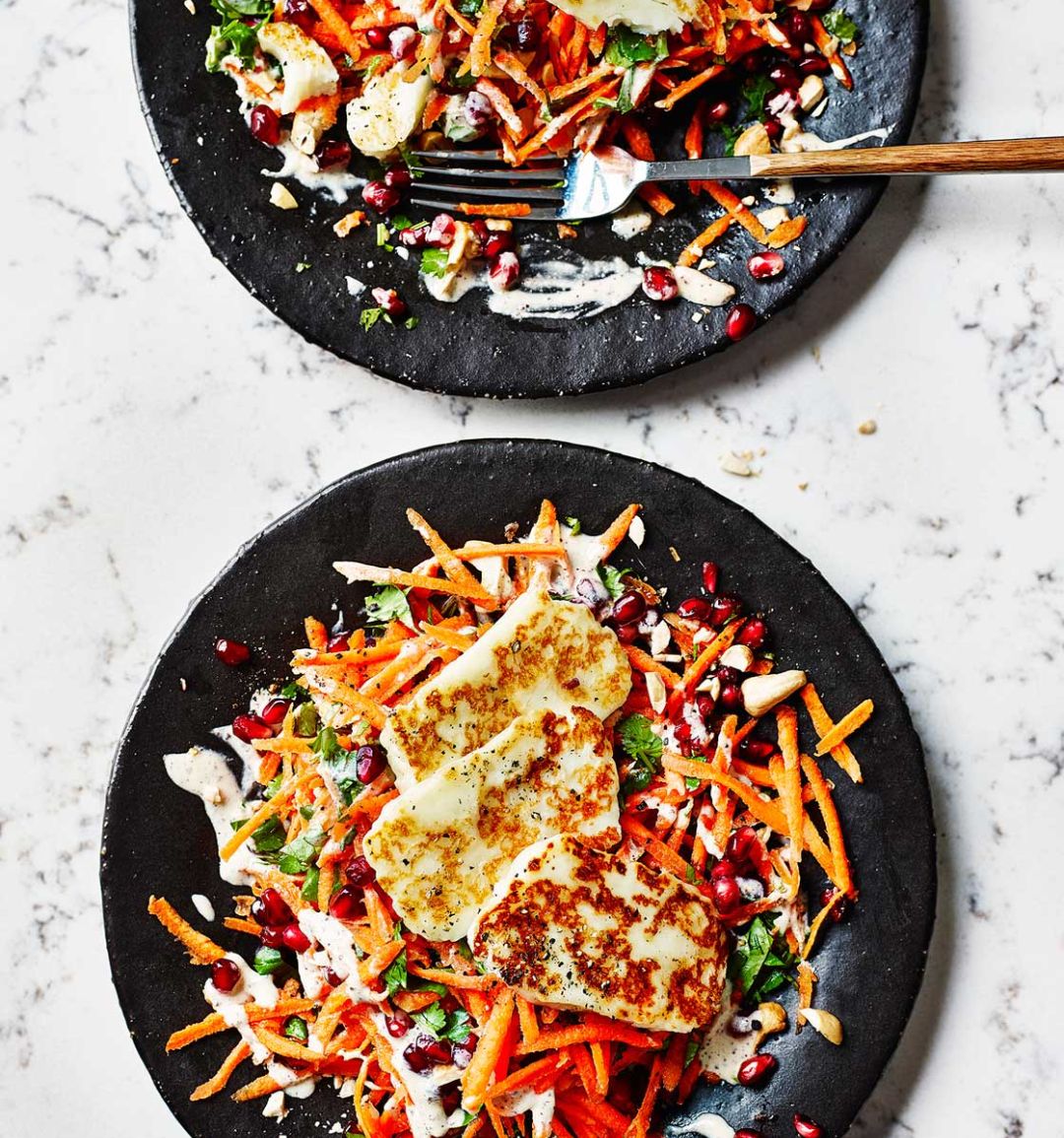 Cashew, carrot, pomegranate and halloumi salad