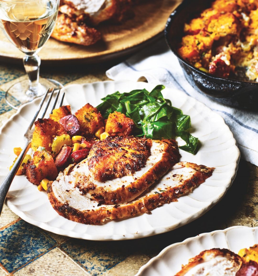 Cajun roast chicken with cornbread stuffing