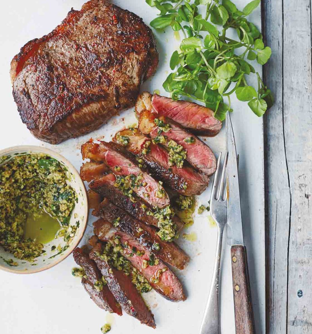 Steak with green olive tapenade and garlic mayo