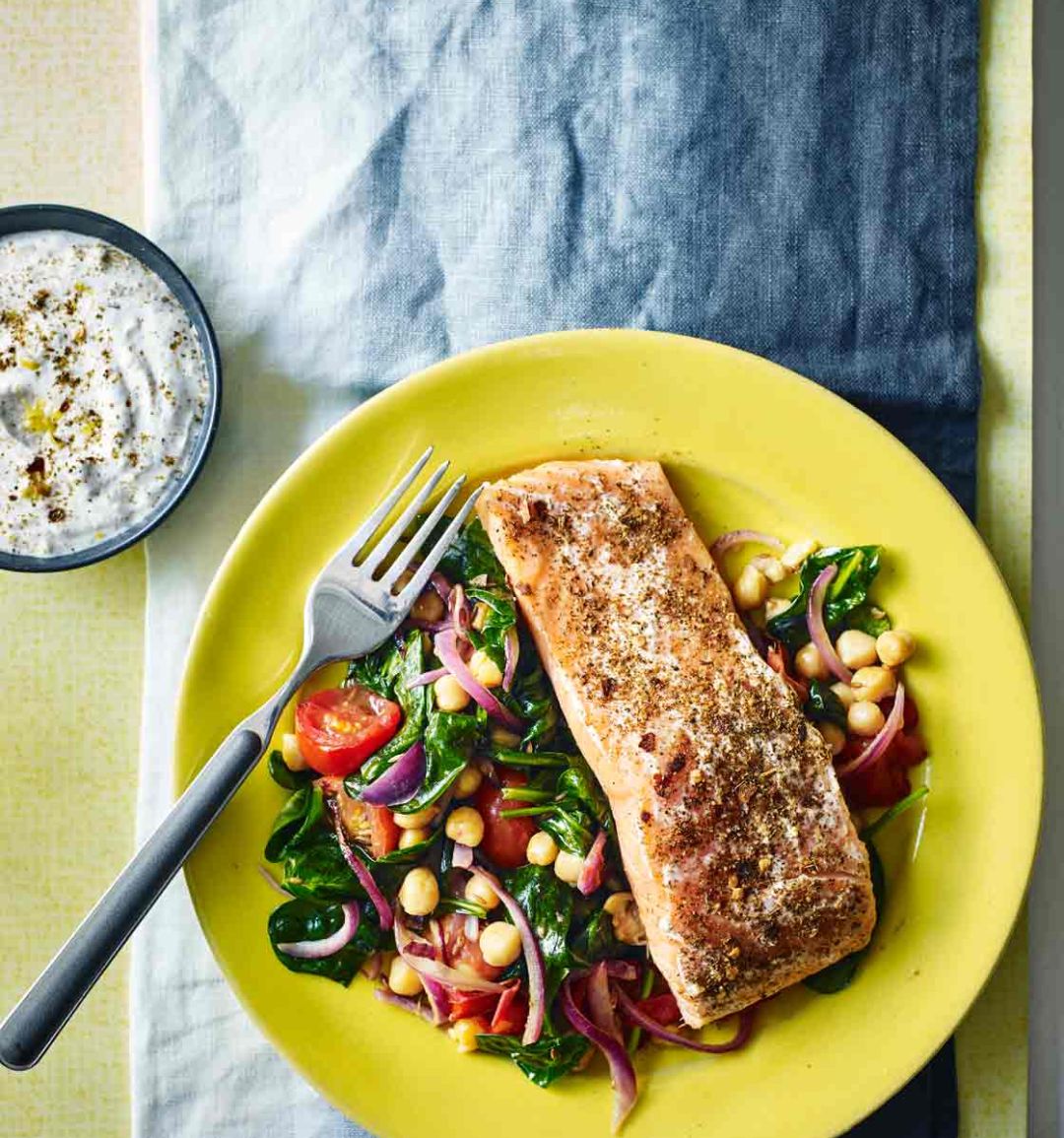Harissa salmon with warm chickpea salad