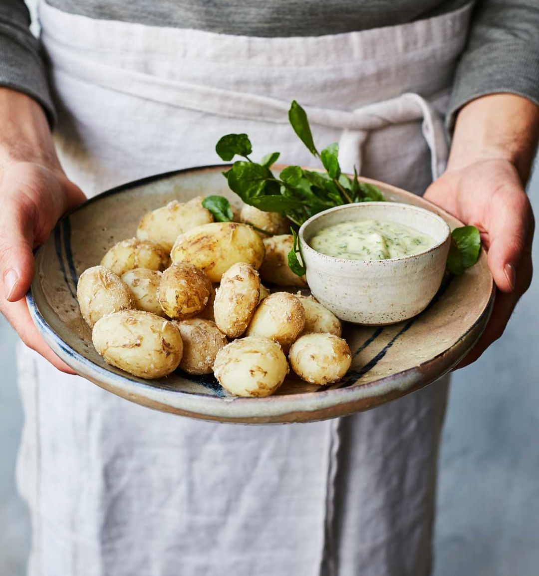 Salt-crusted Jersey Royals with watercress aioli