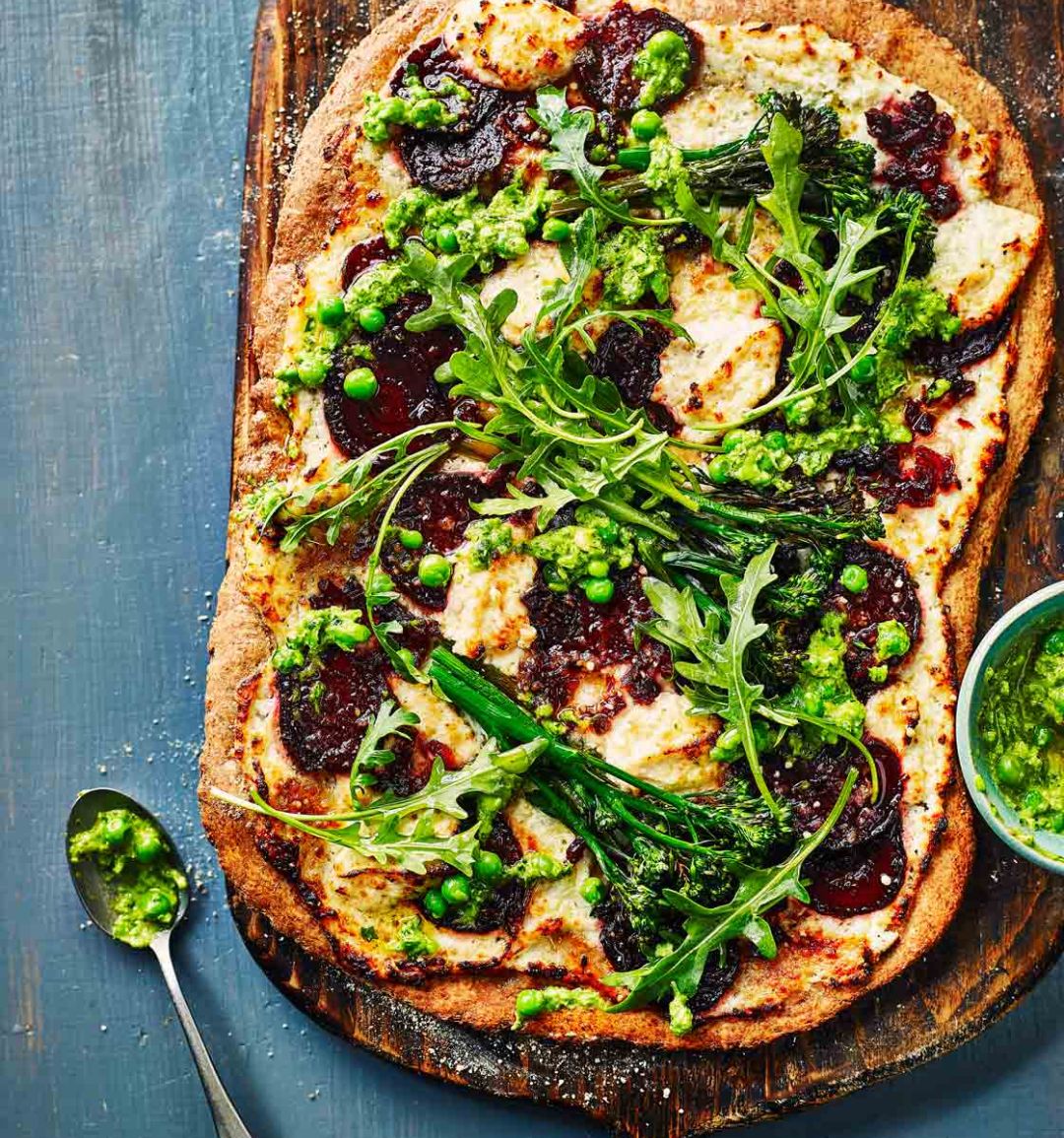 Spring veg spelt pizza