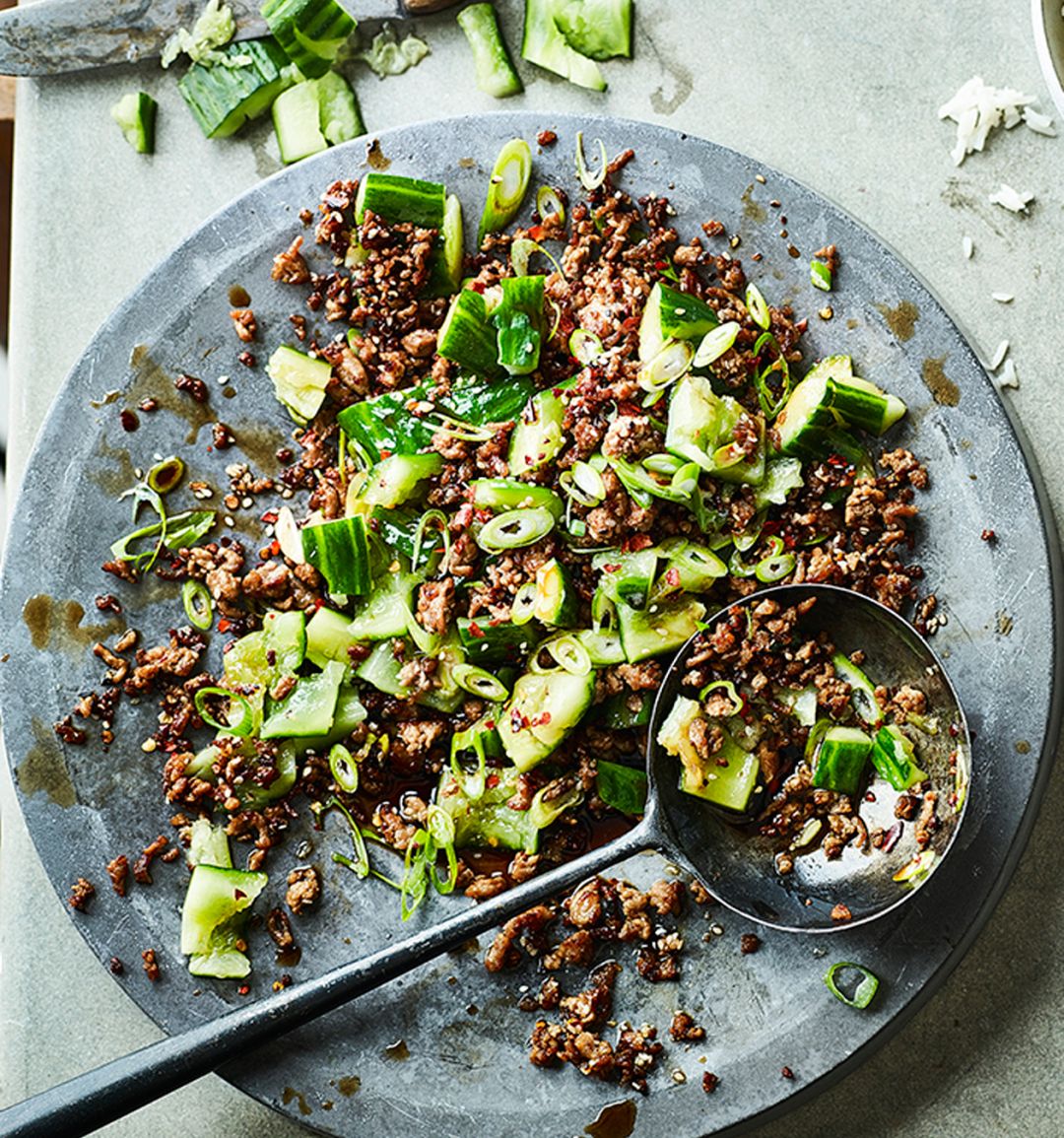 Smashed cucumber and pork Szechuan stir-fry 