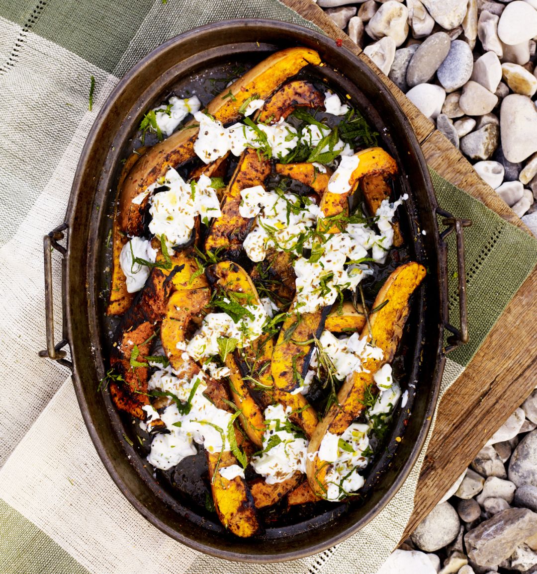 Sizzling squash with herby cucumber yogurt